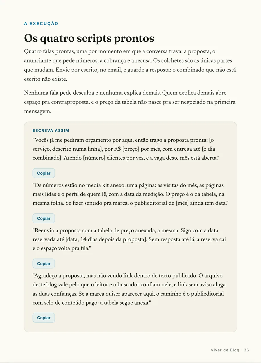 Falas prontas: As quatro falas escritas: a proposta, a resposta ao anunciante, a cobrança com prazo e a recusa