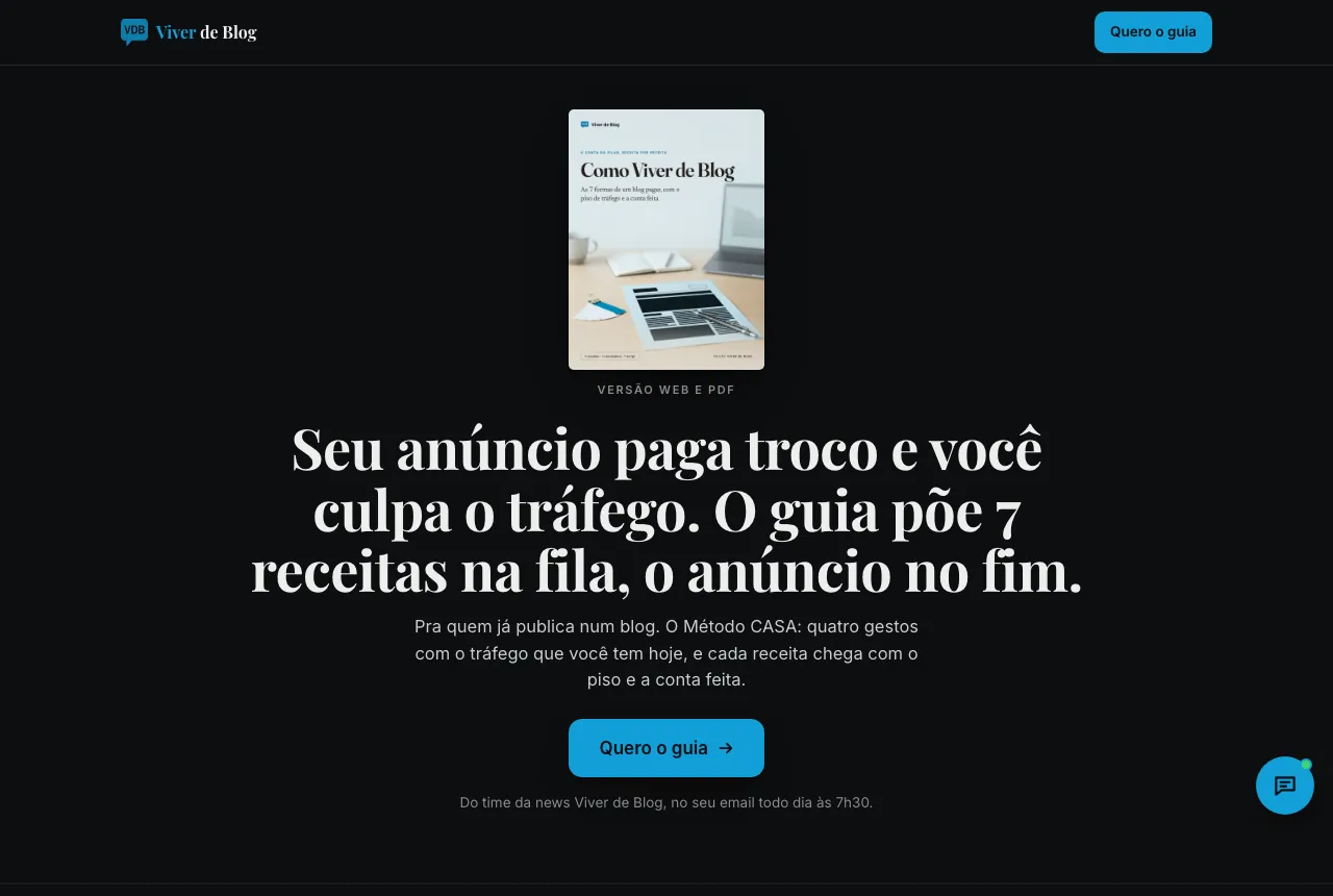 A página de venda do ebook Como Viver de Blog, com a capa e o botão Quero o guia